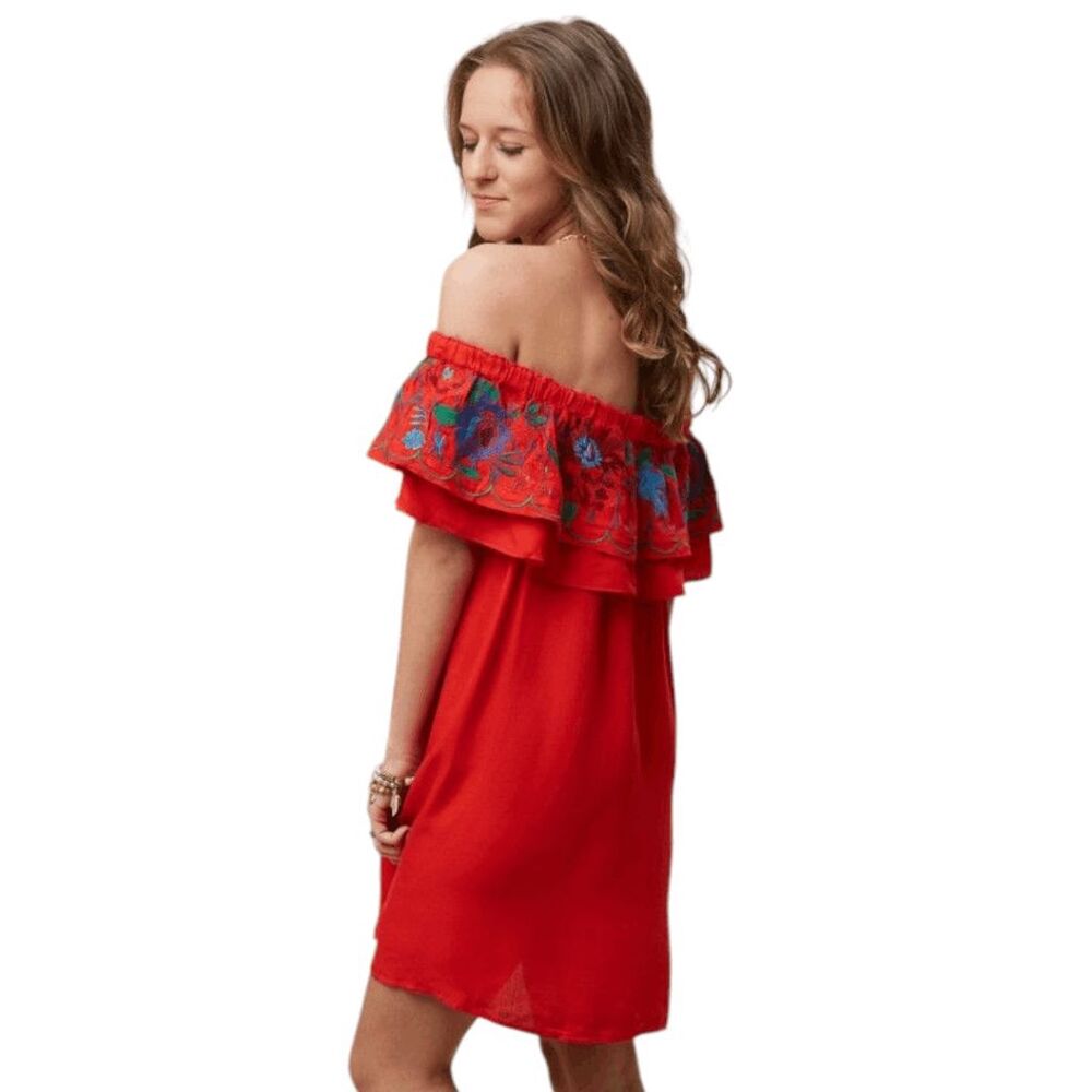 Altar'd State Embroidered Off-the-Shoulder Red Mini Dress with Ruffle Size Large - Picture 2 of 10